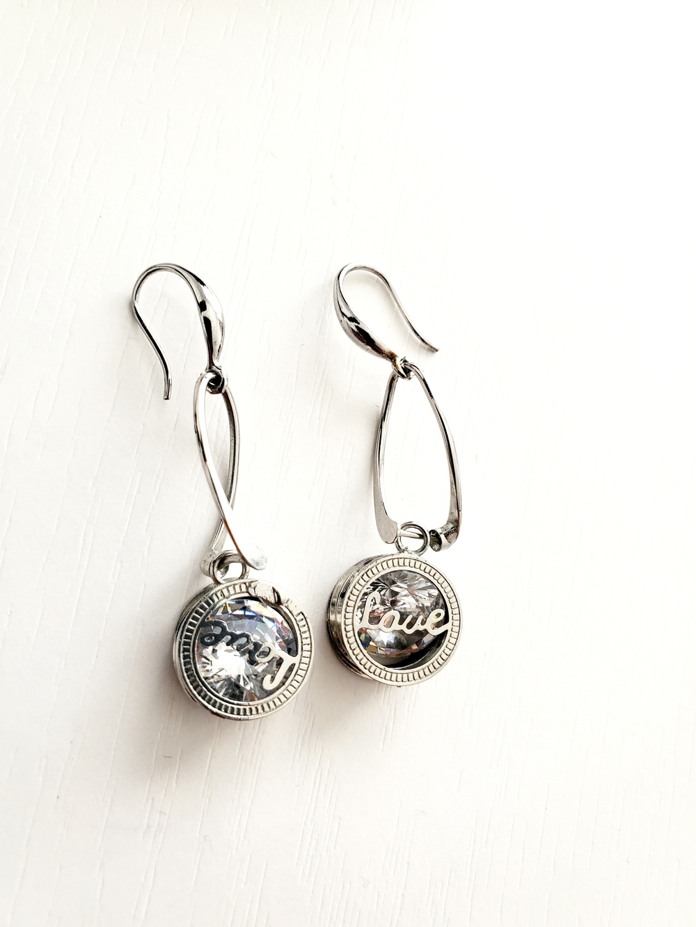 Y2K Silver Spinning Love Medallion Drop Dangle Earrings (